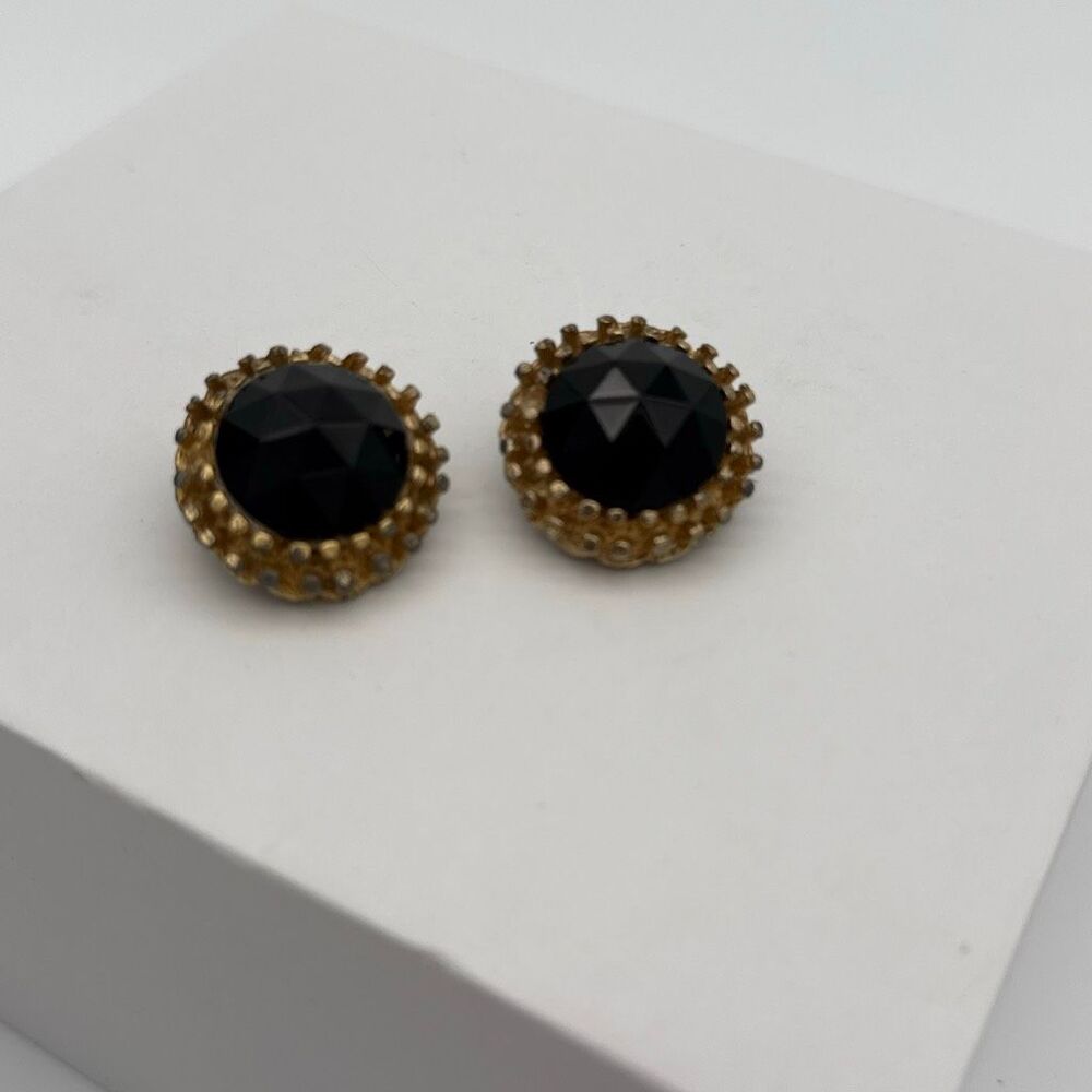 Vintage 1960s‎ Black Faceted Glass Clip Earrings Gold Tone Amber Rhinestone Halo